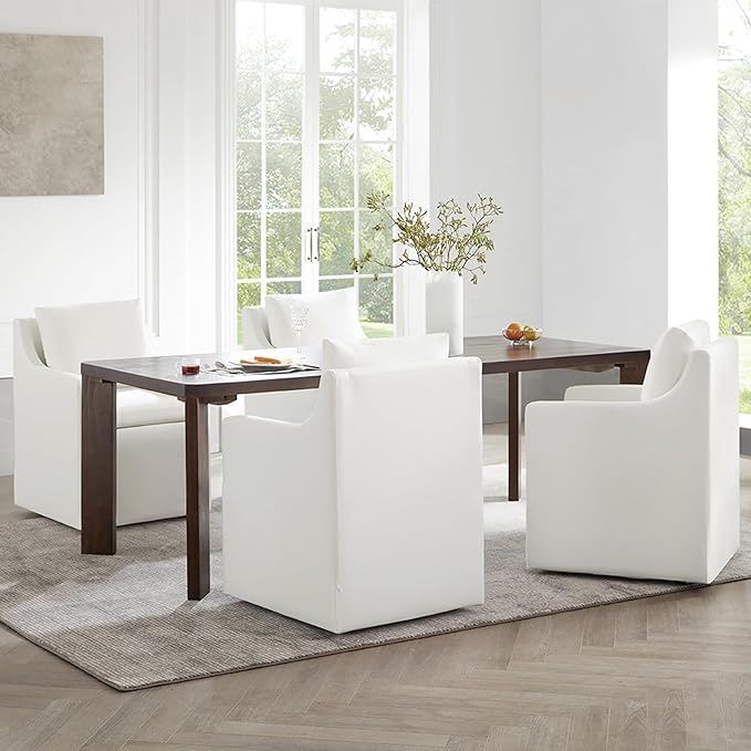 Upholstered Dining Chairs with Casters Washable Cover Side Deskchair with Rollers for Diningroom, Living Room, Cream, 4 Box