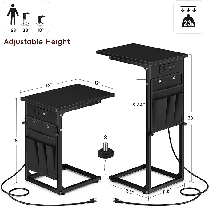 Vagusicc C Shaped End Table with Charging Station, Adjustable Height Side Table for Sofa, Couch Side Table for Small Spaces, Slide Under Sofa TV Tray Snack Arm Tables for Living Room, Bedroom, Black