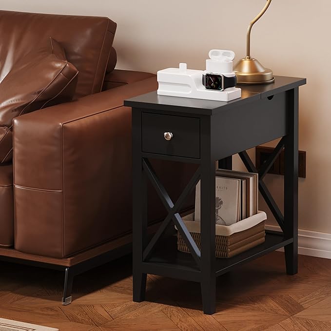 ChooChoo End Table, MDF Material Flip Top Narrow End Table with Drawer, Accent Small Side Table Nightstand for Living Room, Bedroom, and Small Spaces - Black