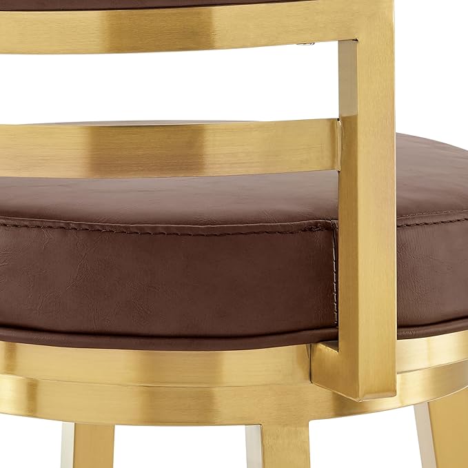 Armen Living Madrid 30" Seat Height Swivel Modern Vintage Coffee Faux Leather and Gold Brushed Stainless Steel Bar Stool for Kitchen Island Counter