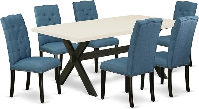 East West Furniture X627EL121-7 7 Piece Dining Room Table Set Consist of a Rectangle Kitchen Table with X-Legs and 6 Blue Linen Fabric Parson Dining Chairs, 40x72 Inch, Multi-Color