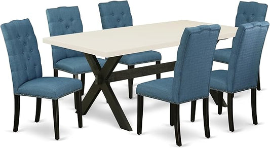 East West Furniture X627EL121-7 7 Piece Dining Room Table Set Consist of a Rectangle Kitchen Table with X-Legs and 6 Blue Linen Fabric Parson Dining Chairs, 40x72 Inch, Multi-Color