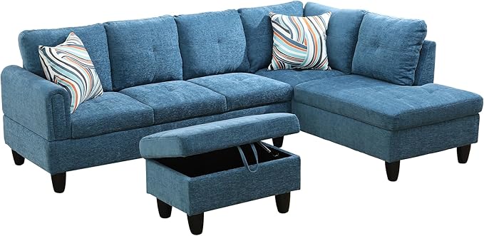 Couches for Living Room Modern L Shaped Couch Comfy Flannel Fabric 3 Pieces Sectional Sofa with Chaise, Ottoman with Storage for Office and Small Apartment, Blue