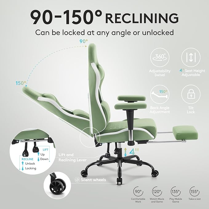 Gaming Chair Breathable Fabric,Computer Office Chair with Footrest,Massage Lumbar Support and Gel Pad,Ergonomic Reclining Gamer Chair with Adjustable Armrests and Spring Cushion Green