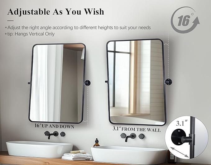 ANDY STAR Pivot Mirror, 22" x 30" Black Tilt Mirror for Bathroom with Rounded Corner Tube Metal Frame Design, Black Vanity Rectangle Bathroom Mirror for Over Sink, Hangs Vertically Farmhouse Style