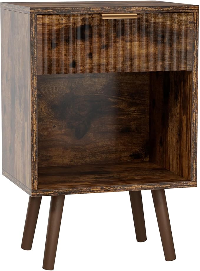 YMYNY Mid Century Modern Nightstand, Side Table, Fluted Night Stand with Drawer, Open Shelf Unit, Golden Handle, Solid Wood Legs, Bedside Table, for Bedroom, Rustic Brown UHST013H