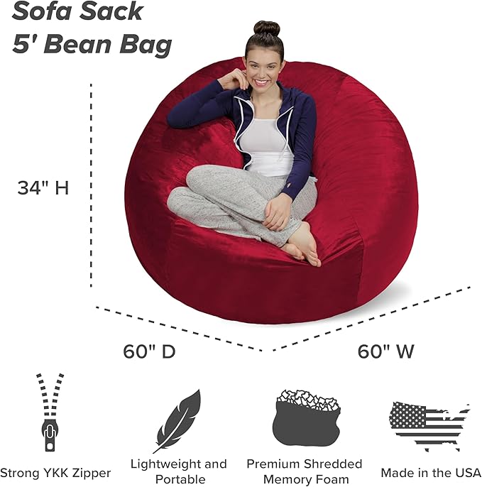 Sofa Sack Bean Bag Chair - Plush, Ultra Soft - Memory Foam Bean Bag Chair with Microsuede Cover - Stuffed Foam Filled Furniture and Accessories for Dorm Room 5 Feet - Cinnabar