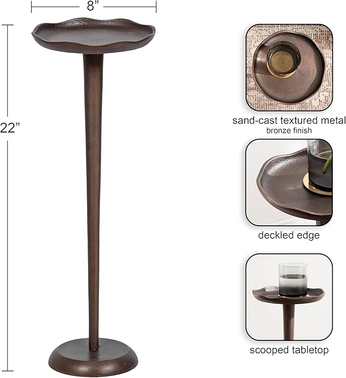 Kate and Laurel Alessia Modern Decorative Metal Drink Table, 8 x 8 x 22, Bronze, Round Cast Aluminum Pedestal Plant Stand with Rough Texture and Deckled Edge