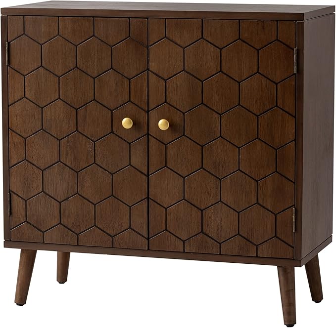 COSIEST Set of 2 32" Storage Sideboards with Doors, Accent Cabinets with Magnetic Push-to-Open Doors, Brown Honeycomb Pattern, Entryway Console for Living Room, Kitchen, Hallway
