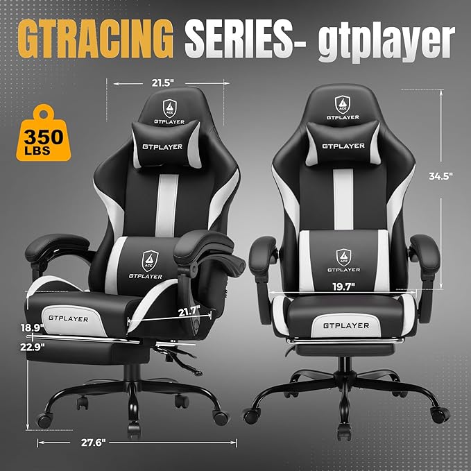 GTRACING Gaming Chair with Foot Rest & Pocket Spring Cushion, Ergonomic High Back Computer Chair with Headrest & 360°-Swivel Seat for Home Office Desk, PU Leather, White/Black