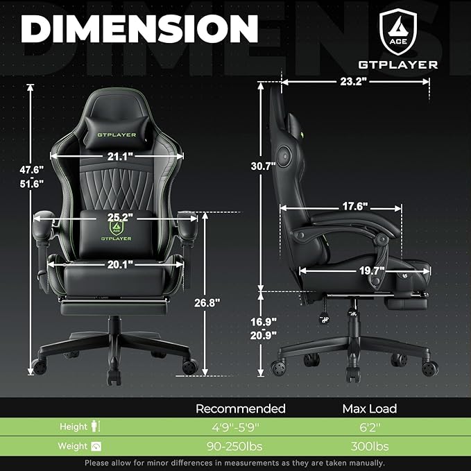 GTPLAYER ACE-PRO Music Gaming Chairs – Built-in Speakers, App Support & Bluetooth Control, Footrest & Pocket, Gamer Chair for Adults, Black & Green Stitch