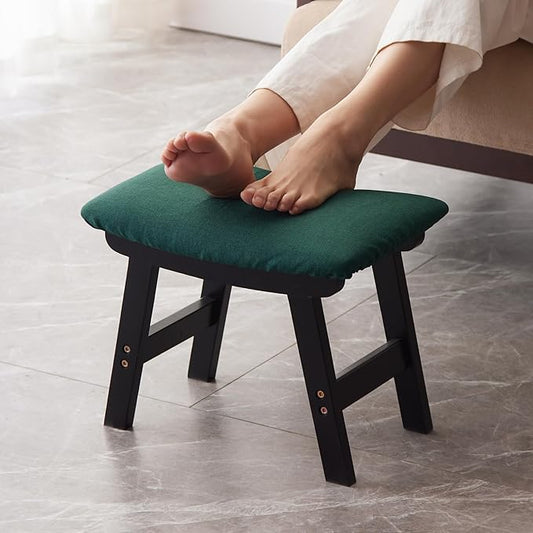 Foot Stool,Ottoman,Bamboo Small Sofa Foot Rest Under Desk,Extra Seating for Living Room, Bedroom and Kitchen (Black Stool Legs - Green Surface)