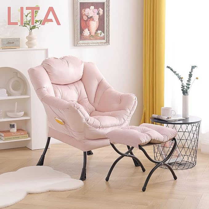 LITA Lazy Chair With Ottoman, Modern Accent Leisure Upholstered Sofa, Contemporary Lounge Reading With Armrests and Side Pocket for Living Room, Bedroom & Small Space, Pink