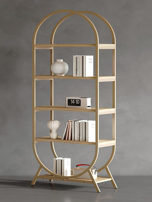 Bookshelf Arched Bookcase, Industrial 5 Tier Open Book Shelves with Metal Frame, 72" Tall Freestanding Display Rack for Home Office, Living Room,Nature Wood and Gold