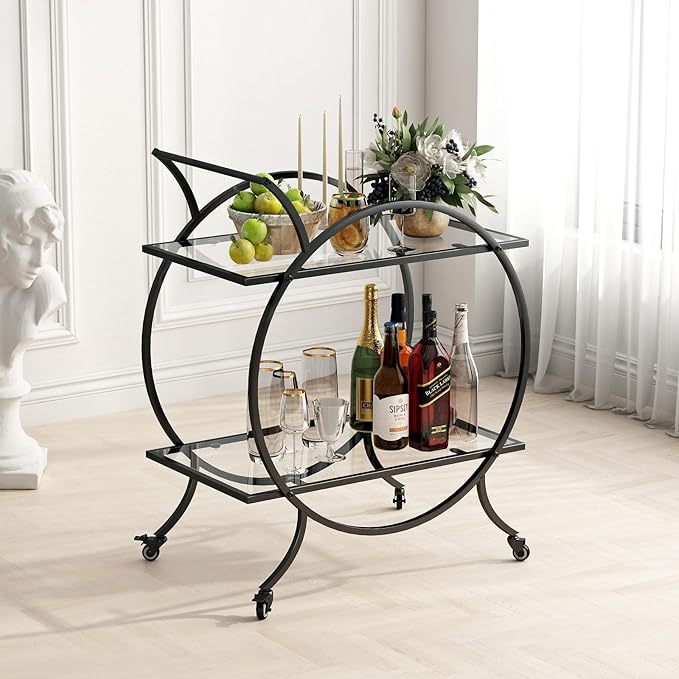 Industrial Bar Carts for The Home Bar Serving Cart, Rolling Bar Cart Black with Lockable Caster Wheels, Glass Bar Carts with 2 Mirrored Shelves, Storage Wine Carts for Kitchen, Party