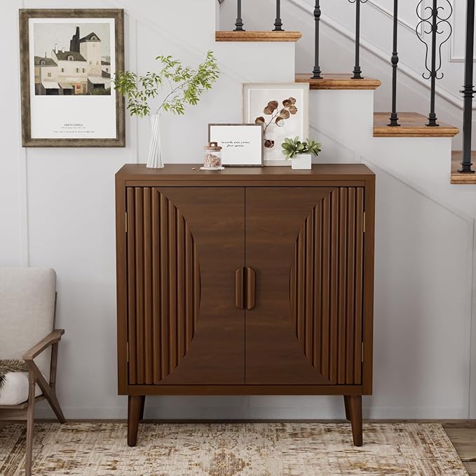 COSIEST 30" W Storage Cabinet with Doors and Shelves, Mid-Century Cabinet with Adjustable Shelf, Accent Sideboard for Kitchen, Dining Room, Living Room, or Hallway (Brown, Line Pattern)