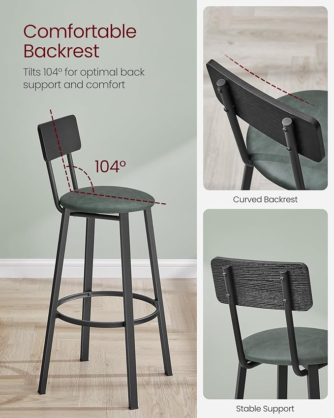 VASAGLE Bar Stools, Set of 2 PU Upholstered Breakfast Stools, 29.7-Inch Barstools with Back and Footrest, Simple Assembly, for Dining Room Kitchen Counter, Classic Black and Forest Green ULBC069C01