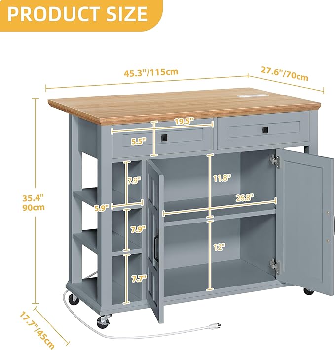 DWVO Rolling Kitchen Island with Drop Leaf, Mobile Storage Islands with Power Outlet Foldable Tabletop, 2 Drawers and Open Shelves, for Living Room, Dining Room, Blue Gray