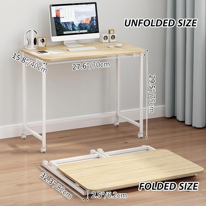 JSB Small Folding Computer Desk with Storage Bag and Hook Writing Modern Industrial Work Table Laptop for Home Office White (Natural & White, 27.6")