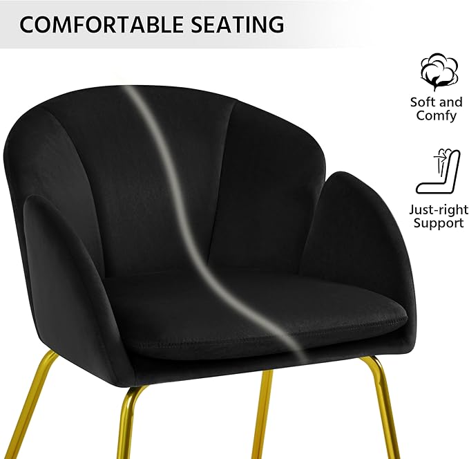 Yaheetech Modern Velvet Armchair, Flower Shaped Makeup Chair Vanity Chair with Golden Metal Legs for Living Room/Makeup Room/Bedroom/Home Office/Kitchen, Black