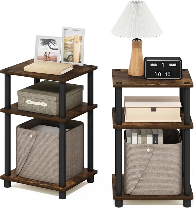 Furinno Just 3-Tier Turn-N-Tube End Table, 2-Pack, Amber Pine/Black