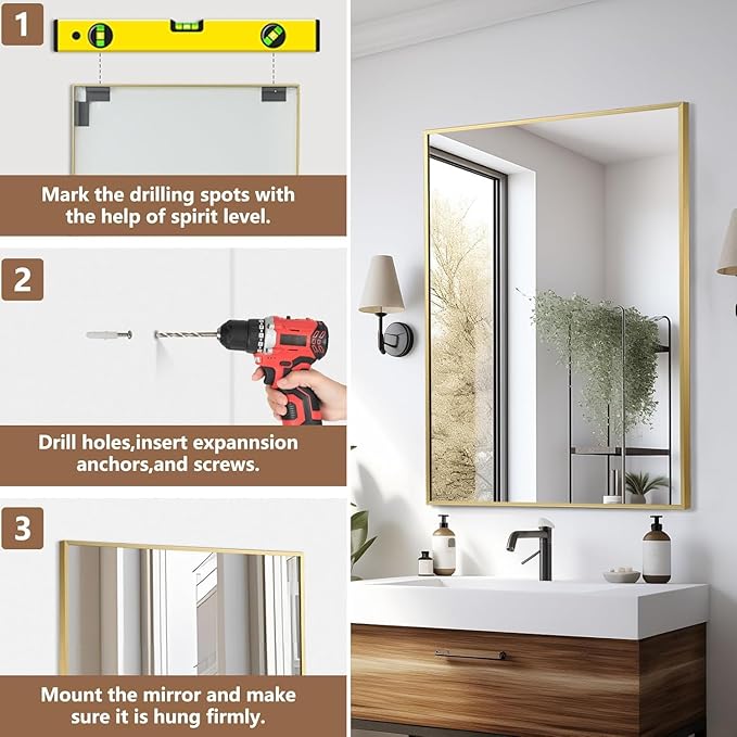 Gold Bathroom Mirror, 20"x28" Rectangle Mirror, Brushed Gold Mirror, Metal Frame Square Corner Vanity Mirror, Wall Mounted Mirror for Modern, Living Room, Bedroom, Horizontal Or Vertical