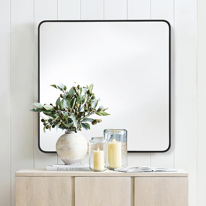36x36 Inch Rectangle Bathroom Mirror with Black Metal Frame, Rounded Corner Rectangular Vanity Mirror for Wall, Modern Large for Bedroom, Living Room, Horizontal or Vertical
