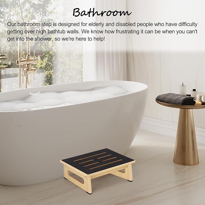 One Step Stool for Adults Seniors with Non-Slip Rubber Step Surface, 5.5" Heavy Duty Wooden Stepping Stools with 450 LBS Capacity for Bedroom Kitchen Bathroom, Bed Steps for High Beds, Bedside Support