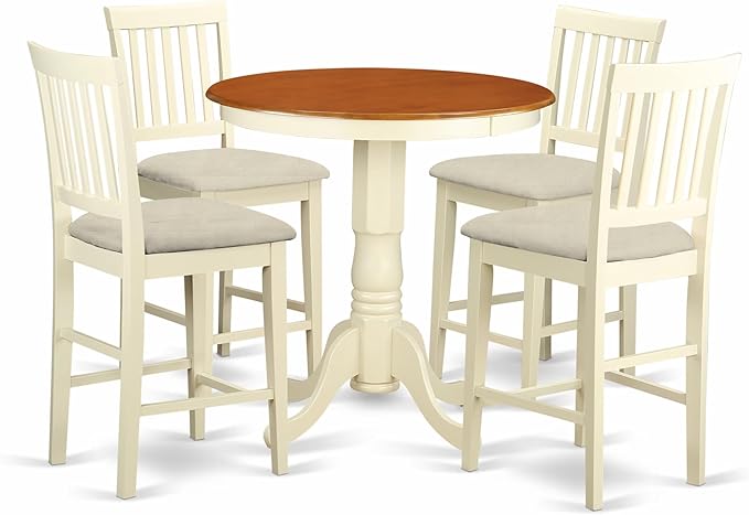 East West Furniture EDVN5-WHI-C 5 Piece Counter Height Dining Table Set Includes a Round Kitchen Table with Pedestal and 4 Linen Fabric Upholstered Dining Chairs, 30x30 Inch, Buttermilk & Cherry