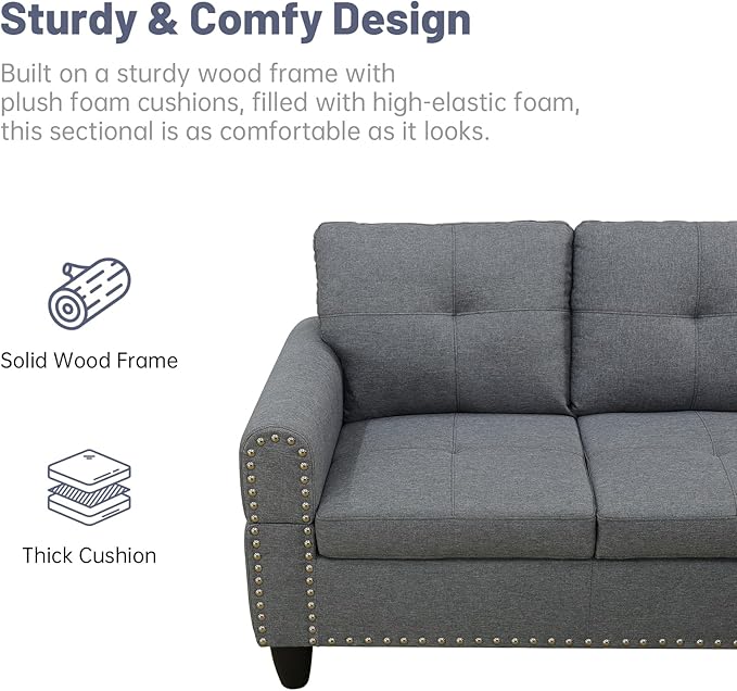 L Shaped Modular Sectional Sofa with Reversible Chaise Lounge, 5-Seater Corner Couch, Linen Upholstery Convertible Sofá w/Movable Ottoman, Cup Holders, 2 Pillows and Rivet Ornament for Living Room