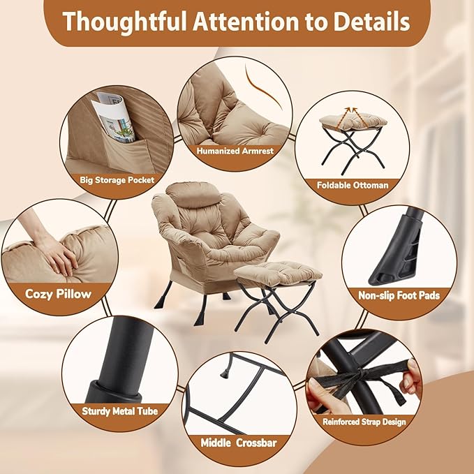 Lazy Chair with Folding Ottoman, Accent Chair Velvet Upholstered with Metal Structure and Non-Slip Pads, Sofa Armchair with Footrest and Side Storage Bag for Dorm, Room, Office, Khaki