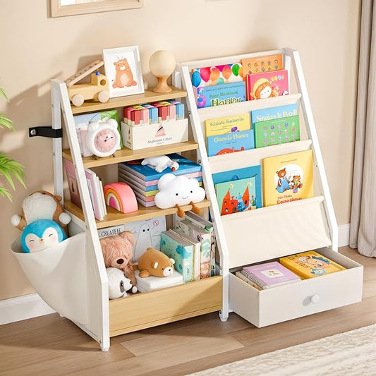 Kids Bookshelf and Toy Storage - Book Shelf for Kids Rooms, Toddler Bookshelf Baby Bookcase for Nursery, Montessori Toy Organizer, Burlywood