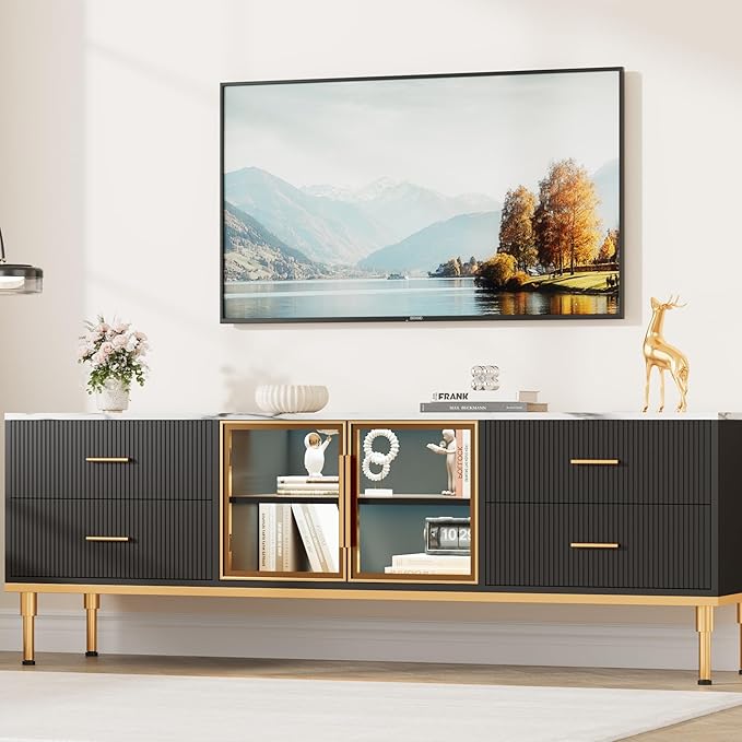 Garvee LED Lighted TV Stand for 55-75" TVs, Modern Entertainment Center with Drawers & Shelves, Glass Doors Living Room Furniture, Black