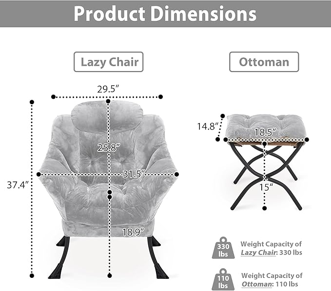 Lazy Chair with Folding Ottoman, Accent Chair Plush Upholstered with Metal Structure and Non-Slip Pads, Sofa Armchair with Footrest and Side Storage Bag for Dorm, Room, Office, Light Gray