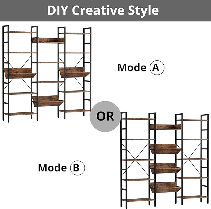 IRONCK Bookshelves and Bookcases 5 Tiers, Triple Wide Industrial Bookshelf, Large Etagere Bookshelf, Display Storage Bookshelves with Metal Frame for Living Room, Home Office