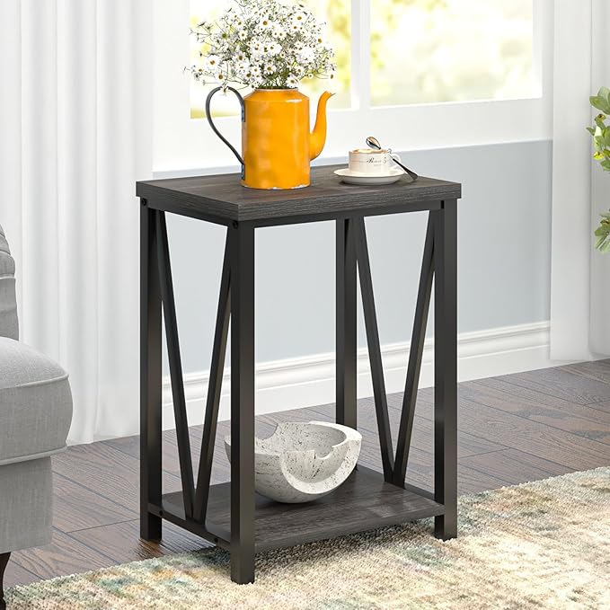 FOLUBAN Small Side Table, Rustic Wood and Metal End Table with Storage, Vintage Night Stand for Living Room Bedroom Office, Dark Gray