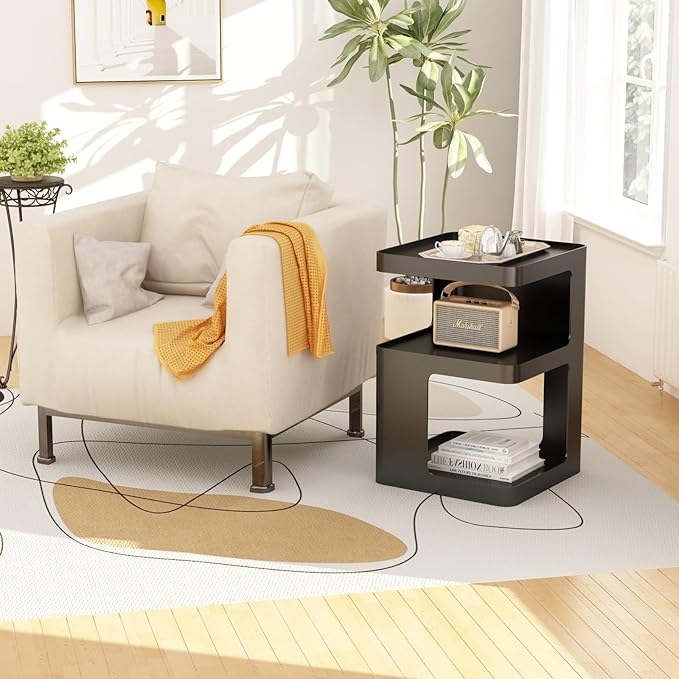 Black Modern Side Table, 3-Tier Metal NightStand with Storage, End Table Living Room, Small Night Stand for Bedroom, Bedside Table for Small Space, No Assembly Required