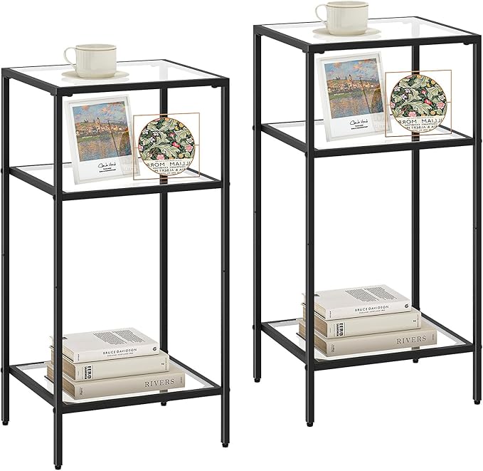 Homhedy 3-Tier Side Tables Set of 2, End Tables with Tempered Glass, Nightstands with Storage Shelves, Slim Sofa Tables for Living Room, Bedroom (2, Black)