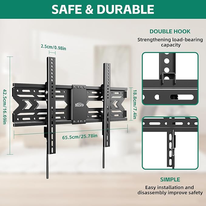 TV Wall Mount with Tilt for 32-85 Inch TVs, Low Profile Design, Holds up to 132 lbs, Space-Saving Design for 16/18/24 Inch Wood Studs, Max VESA 600x400mm (Fit 32-85" TVs 1.2" from The Wall)