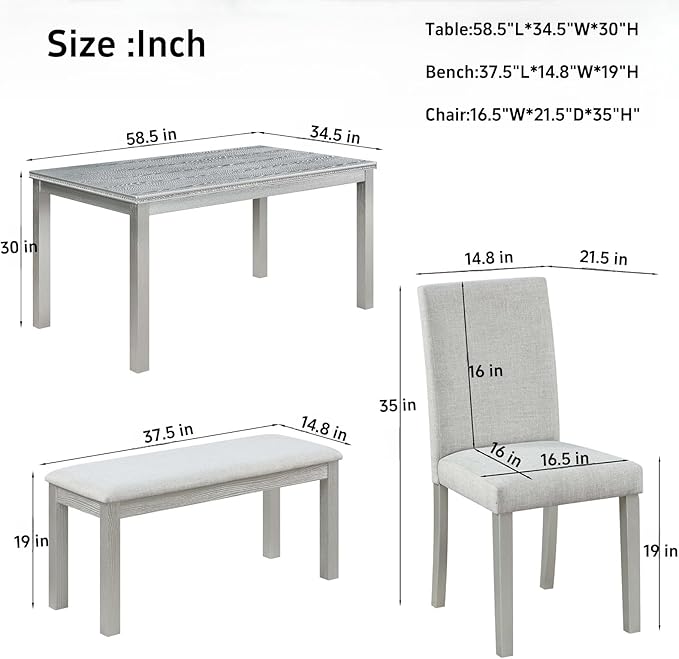 Dining Table Set, 6-Piece Kitchen Table & Chair Set with Rectangular Crystal Decoration & 4 Upholstered Chairs & a Bench, Wooden Dining Set, Silver Gray