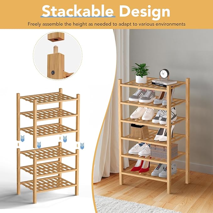 Haddockway small 3 Tier Bamboo Shoe Rack Storage Organizer,Multifunctional Free Standing Stackable Shoe Shelf with Grid Panel for Closet,Hallway,Entryway,Small Space 18"x11"x17"(Natural, 3-Tier Small)