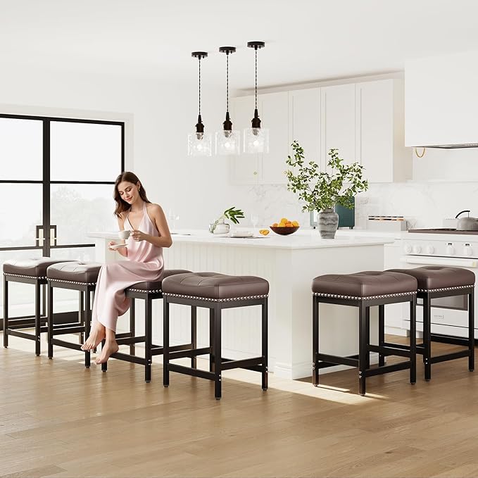 MALOL Set of 3 Saddle Bar Stools Counter Height 24.4”, Brown Backless Barstools for Kitchen Island, Modern PU Leather Cushioned Seat, Bar Chairs for Kitchen Counter, Breakfast Bar Stools for Home