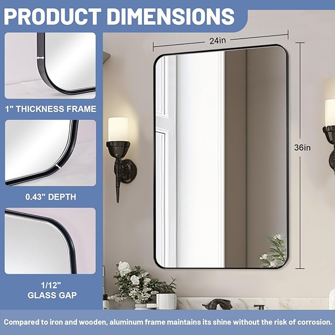 Black Bathroom Mirror 24"x36", Modern Round Corner Bathroom Vanity Mirror, Matte Black Wall Mirror for Bedroom, Living Room, Shatterproof, Anti-Rust, Wall Mounted Horizontal or Vertical