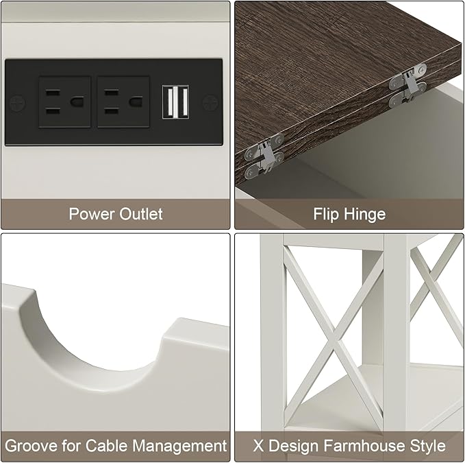 ChooChoo End Table with Charging Station, Narrow Flip Top Side Table with USB Ports & Power Outlets for Small Spaces, Nightstand Sofa Table for Living Room, Bedroom, White and Brown, 2 Pack