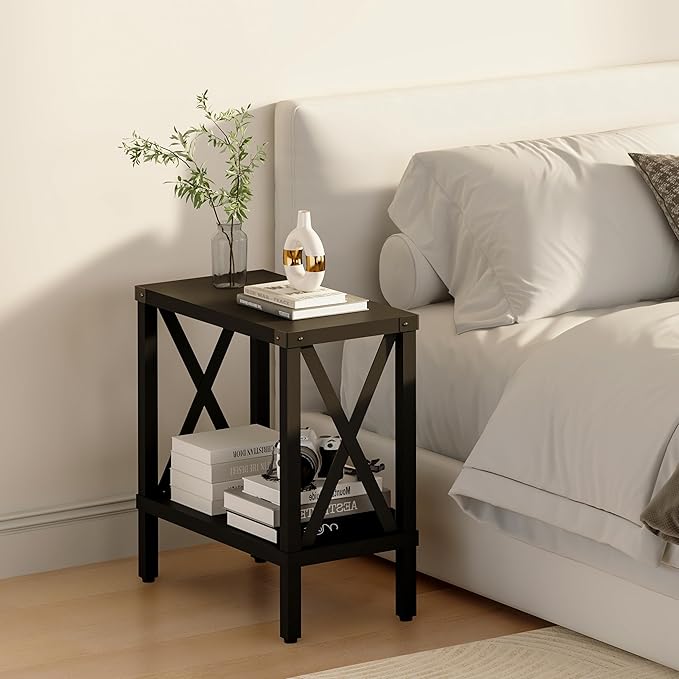 Narrow End Table, Large Sofa Side Table, Farmhouse Nightstand with Storage Shelve, Slim Bedside Table for Living, Room Bedroom, Lounge Black MLBZ17B