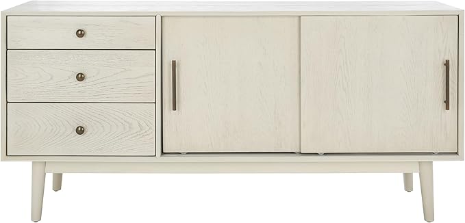 SAFAVIEH Couture Collection Tomas Mid-Century White Washed 3-Drawer Sliding Door Entertainment Media Stand (Fits up to a 65" Flatscreen TV)