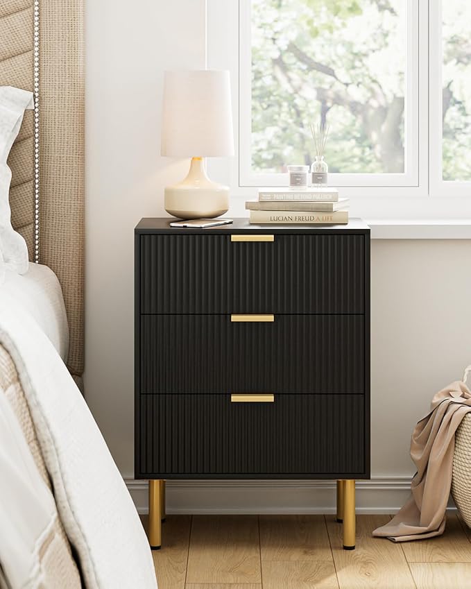 Night Stand,Tall Bedside Table with 3Storage Drawers,White Nightstand,Bedside Furniture,Side Table with Gold Frame,End Table for Bedroom,Living Room (Modern-3drawers, Black.)