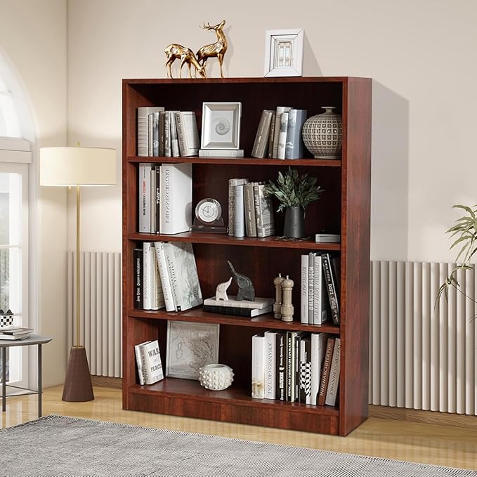 Wooden Bookcase with Adjustable Shelves, 4 Tier Wooden Bookshelf for Small Spaces, Office or Living Room, Modern Bookshelves Storage Rack, Manga Display Shelf,48 Inch,Cherry