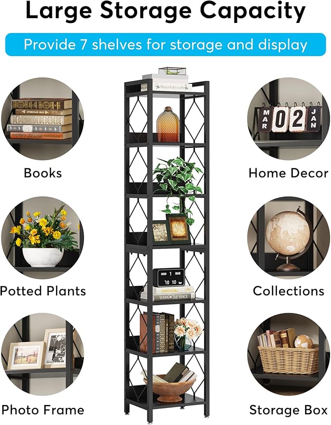 Tribesigns 78.7 Inch Extra Tall Narrow Bookshelf, 7 Tier Skinny Bookcase for Small Spaces, Freestanding Display Shelves, Multifunctional Corner Storage Organizer for Home Office, Black