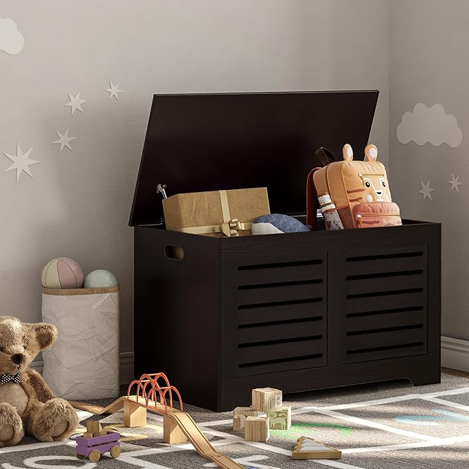 DINZI LVJ Storage Chest, Flip-Top Wooden Toy Box with 2 Safety Hinges, Retro Entryway Shoe Bench, Sturdy Large Storage Trunk for Living Room, Bedroom, Toddler Room, Easy Assembly, Espresso
